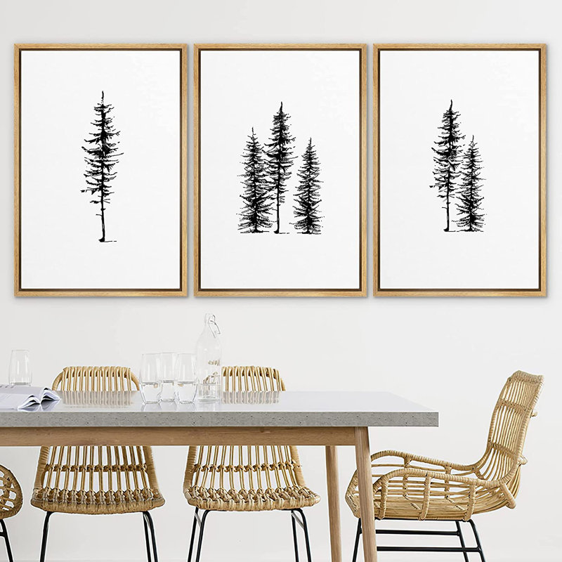 «Black and White Winter Pine Minimalist Modern», ensemble de 3 reproductions d'art encadrées sur toile, L 48 po x H 24 po