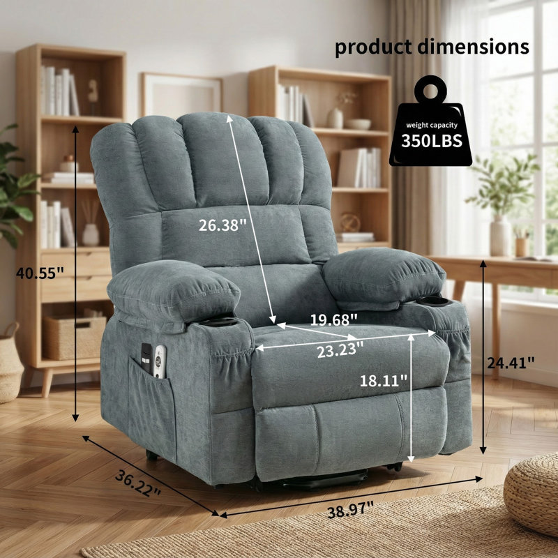Soft Oversized Power Lift Recliner With Heat And Massage, Blue
