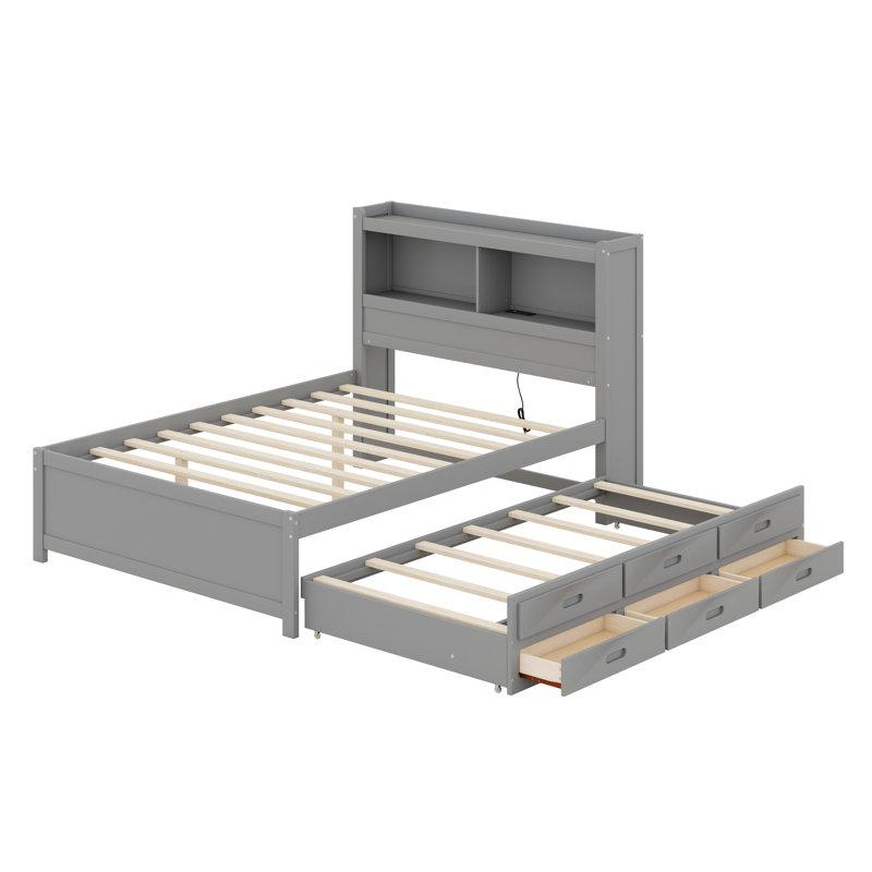Lit plateforme en bois massif avec sommier à sommier avec support en lattes de bois, lit gigogne, tiroirs et prises USB, Gris