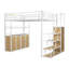 Lit mezzanine double en métal avec escalier de rangement et garde-robe, tablettes et casiers, blanc