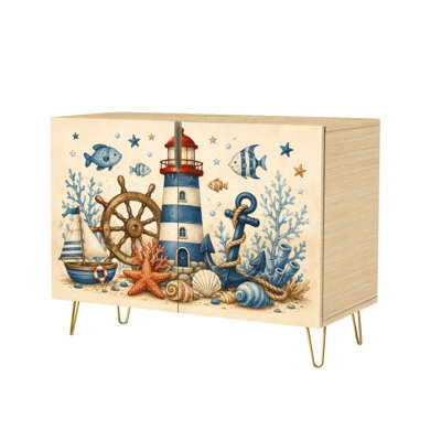 Buffet à 2 portes, style nautique, phare, corail, coquillages, créatures marines, console moderne, meuble de rangement en bois, dosseret pour cuisine, salle à manger, salon, entrée ou coin café.
