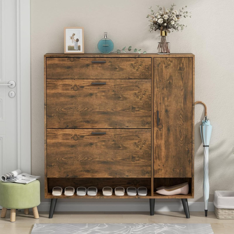 Armoire à chaussures avec 2 tiroirs rabattables, armoire à chaussures avec armoire latérale et tablettes réglables, range-chaussures autoportant étroit, rustique