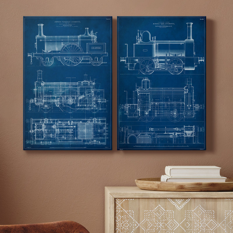 «Locomotive Blueprint I», ensemble de 2 reproductions d'art sur toiles, H 12 po x l 16 po x P 1 po, Toile tendue