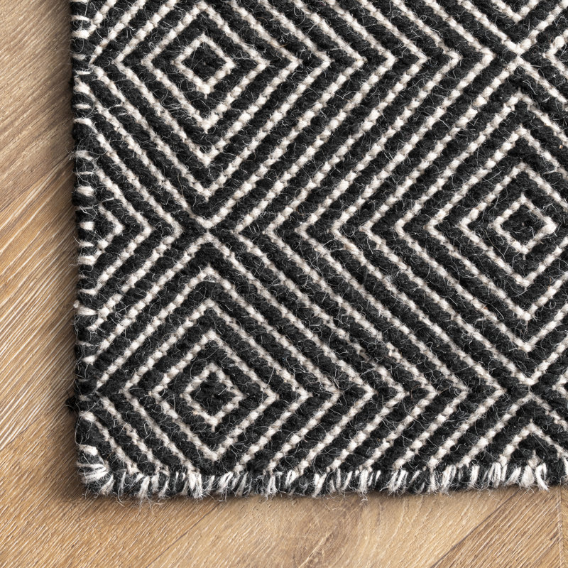 Azarian Geometric Wool Area Rug for Living Room Bedroom Dining Room Kitchen, Black/Ivory, Runner 2'6" x 8'