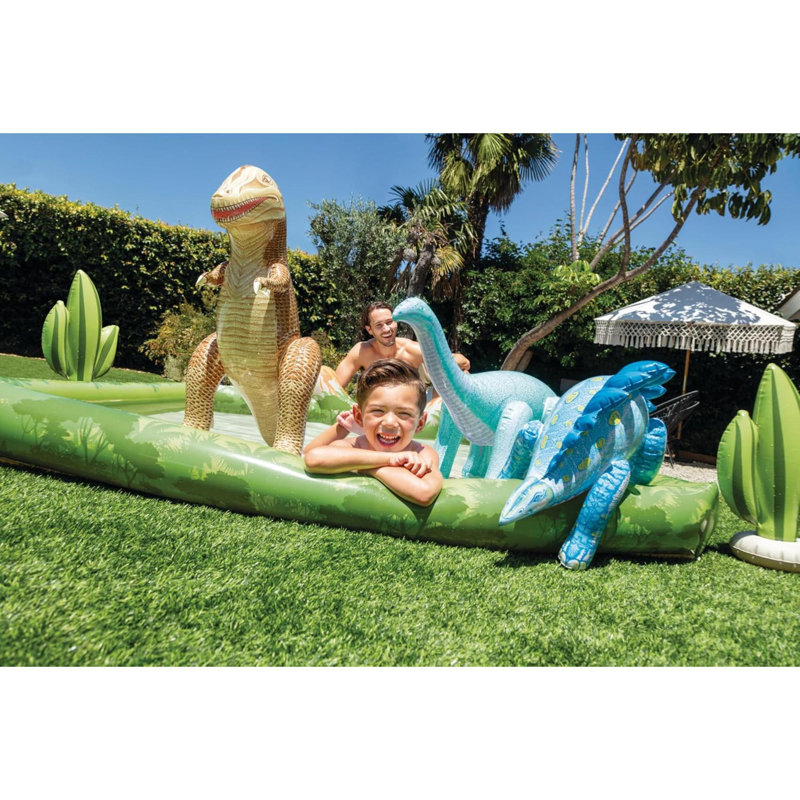 Jurassic Adventure Inflatable Kiddie Pool With Water Sprayer, Slide & Dinosaurs -  Ages 2+