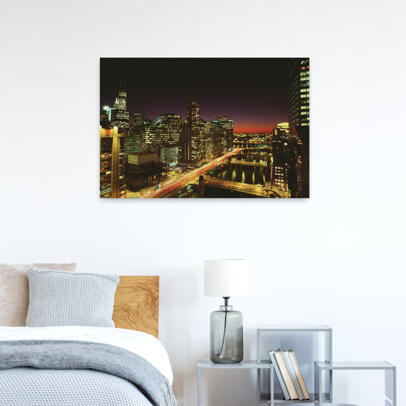 ChicagoSkyline and River at dusk Chicago IL 1 Piece Wrapped Canvas Wall Art, 60.96 cm H x 91.44 cm W