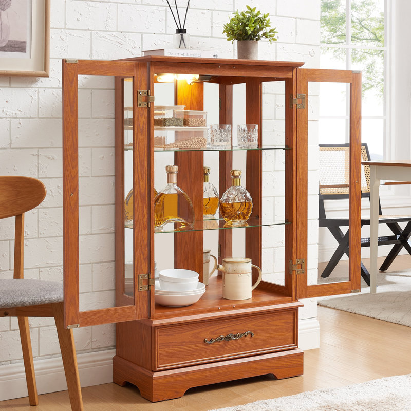 Vitrine lumineuse en verre avec tablettes réglables - Élégante vitrine à 2 portes et tiroir intégré, y compris l'ampoule - chêne foncé