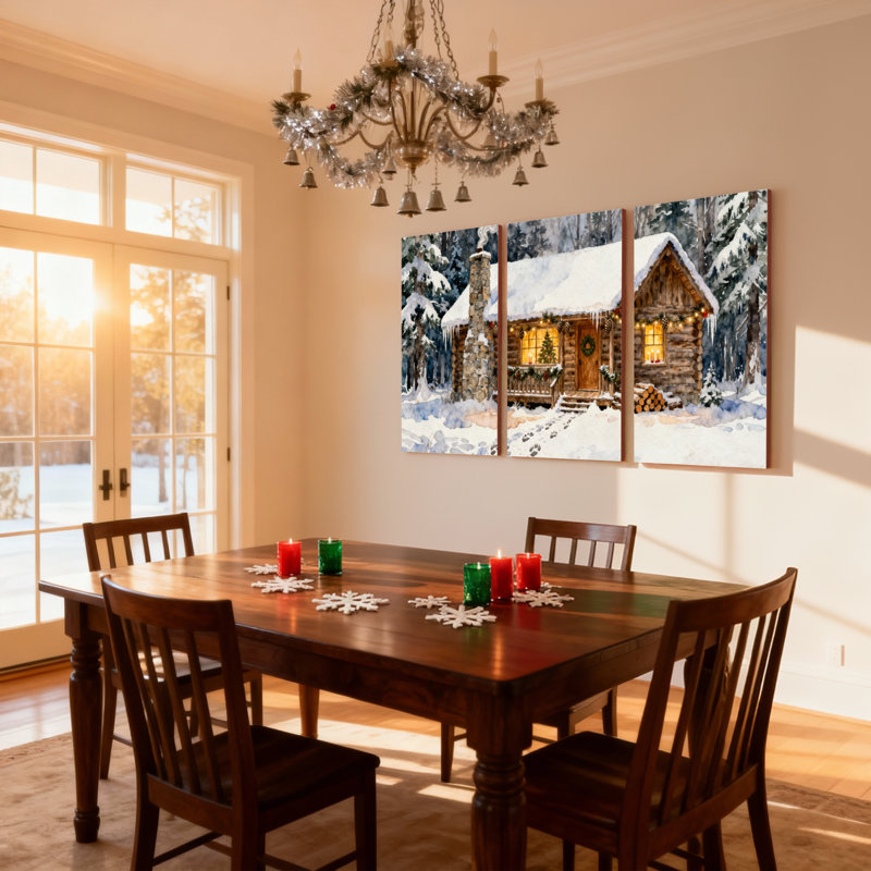 «Christmas Winter Cabin Snowy Forest Christmas Lights», ensemble de 3 impressions sur toile
