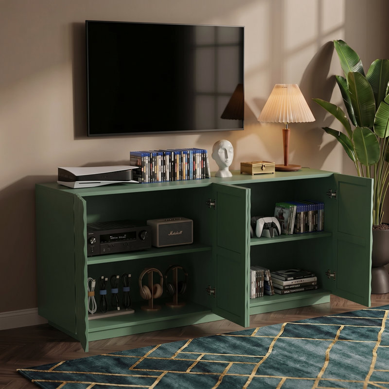 Meuble télé moderne et console multimédia avec armoire de rangement à 4 portes, portes texturées 3D et tablettes réglables