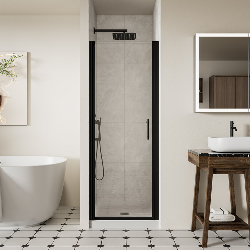 28-29.4" W x 72" H Frameless Pivot Shower Door, 1/4" (6mm) Clear SGCC Tempered Glass Shower Door, Pivot Swing Shower Glass Door in Matte Black Finish, Reversible Installation