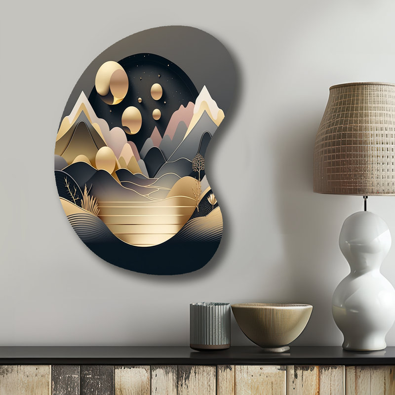 «Dreamy Golden Mountain II - Marble Unique Shape», reproduction d'art asymétrique grise, H 31 po x l 22 po