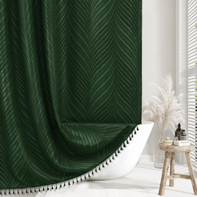 Extra Long Dark Green Boho Shower Curtain Woven Fabric Cute 96 Inch Shower Curtain, 72 X 96 Tufted Leaves Textured Striped Modern Farmhouse Minimalist Cloth