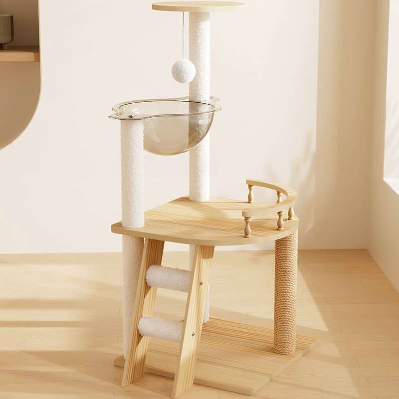 Tour de chat de 41,3 po pour chats d'intérieur, illustrant une structure en bois moderne et élégante, avec poteaux à griffes couverts, acrylique et perchoir relaxant, avec aspect chic, poteaux à gratter,