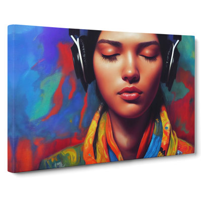 Woman With Headphones - Wrapped Canvas Print