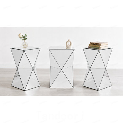 Silver Mirrored Geometric Side Table, Modern Luxe Accent End Table, Reflective Mirror Decorative Nightstand for Living Room, Bedroom, Sofa Side