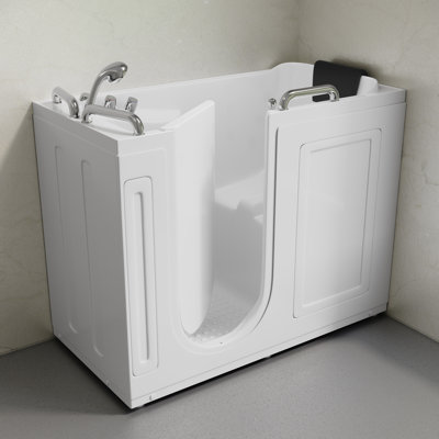 Auvergne 53" X 27" ADA Drain Walk-In Soaking Bathtub In Glossy White, Faucet Set, Drain, Grab Bars, Pillow Included