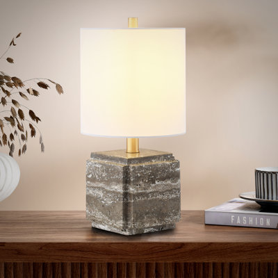 Kovac 16" Tall Stone Table Lamp with Fabric Shade in Grey Veined Travertine