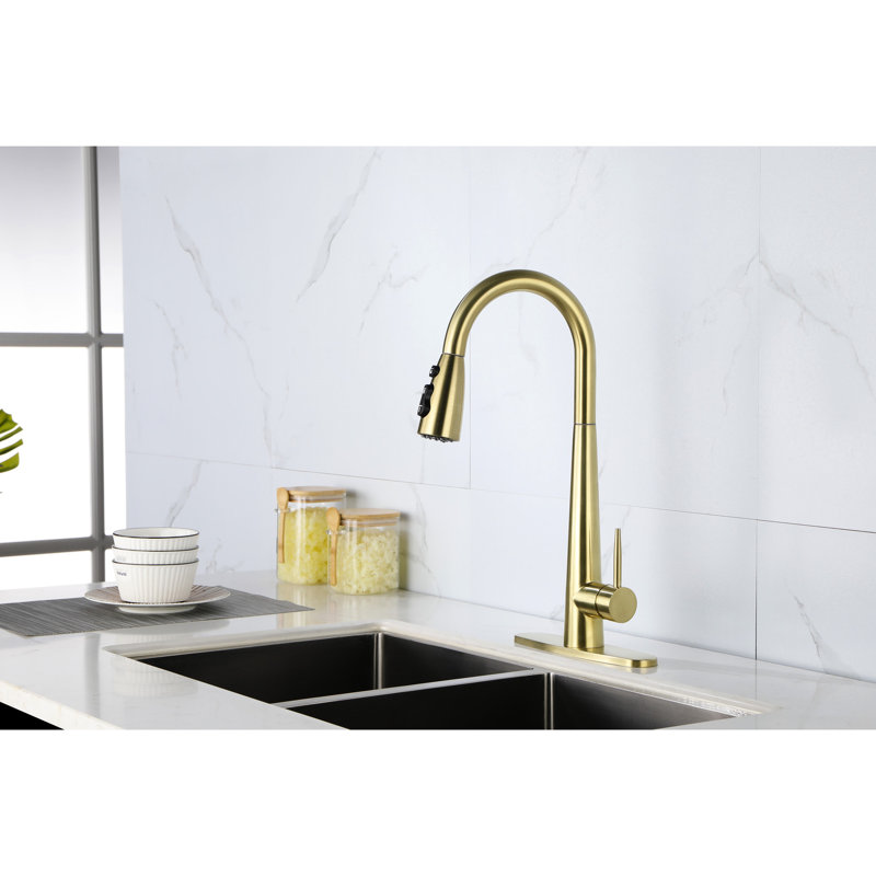 Stainless Steel Kitchen Tap In Gold, Pull Down , High Arc, 1.8 Gpm Flow Rate Gold Sink Faucet, 4.2 Lb Heavy,, Brushed Gold