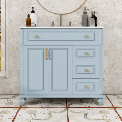 Meuble-lavabo autoportant élégant avec tiroir inclinable, lavabo en céramique et grand espace de rangement