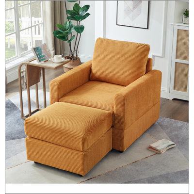 Classic Corduroy Chaise Lounge, Comfy Sofa Chaise Couch Chair, Upholstered Accent Chair with Ottoman for Living Room