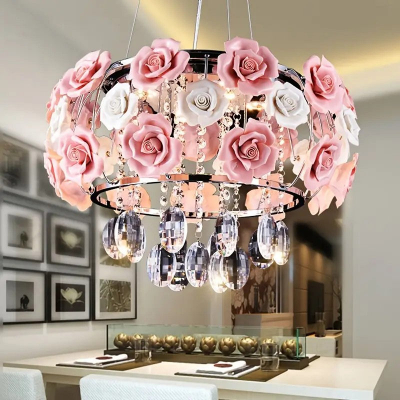 Lustre en cristal 20 pouces avec fleurs roses et blanches