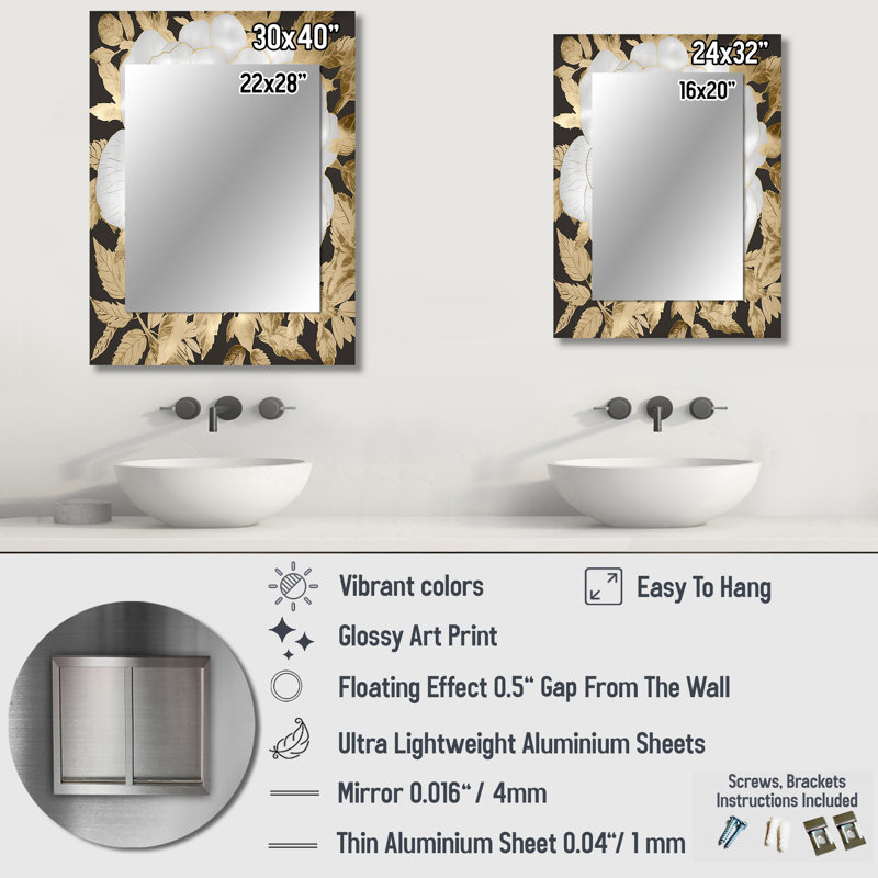 Exquisite White Rose Blooming Floral Gold Glam IV - Rose Decorative Mirror, Traditional Wall Mirror, Printed Metal Art