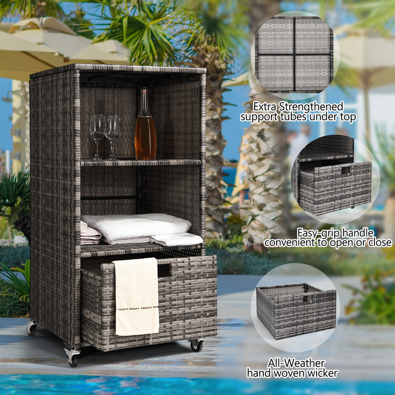 Outdoor Towel Rack For Pool Outdoor Pool Towel Storage Cabinet With Shelf & Drawer Pool Towel Hoder With Rolling Wheels Hot Tub Towel Rack W/Waterproof Cover Poolside Towel Valet Caddy For Spa Grey