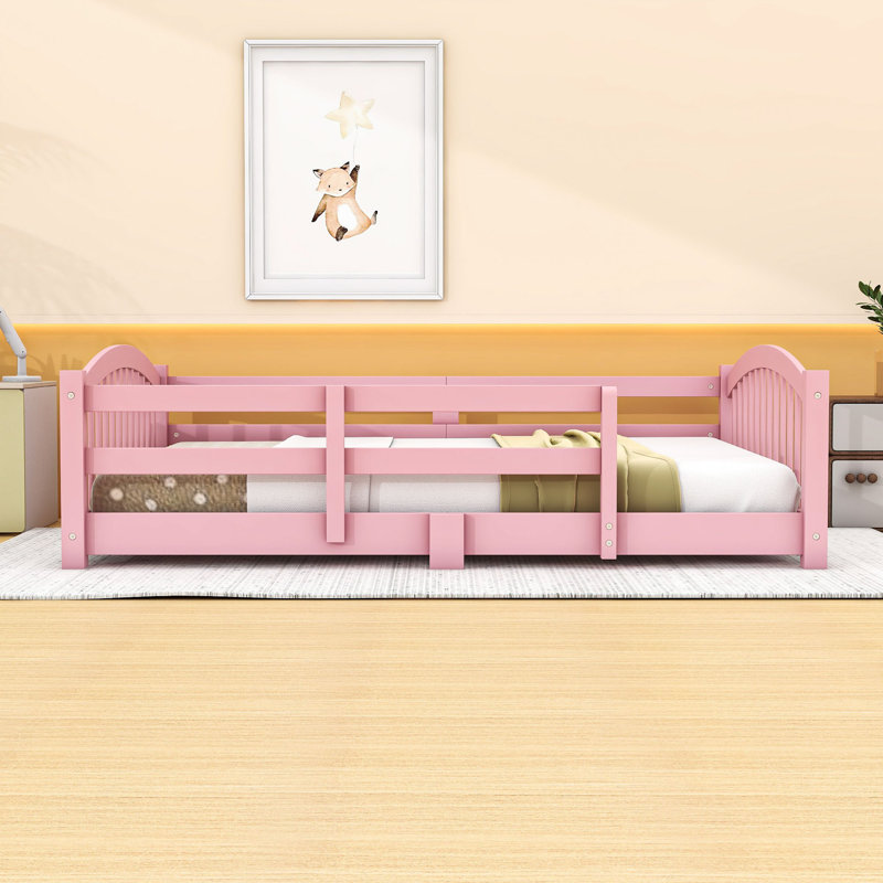 Lit de plancher avec lattes et garde-corps de sécurité, Lit double, Rose