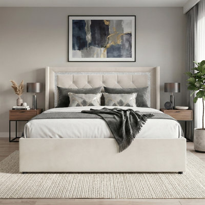 KING SIZE WINGBACK PLATFORM LIFT UP STORAGE BED IN BEIGE VELVET