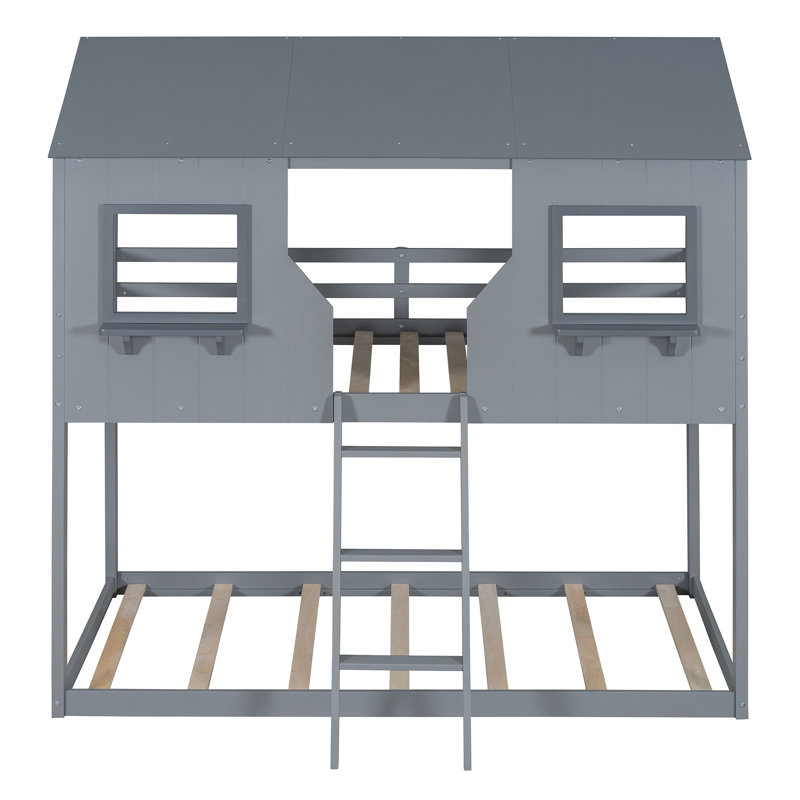  Wood Bunk Bed with Roof, Window, Sturdy Frame, Safety Guardrails, Space-Saving Design, Ladder for Easy Access, Stylish and Functional