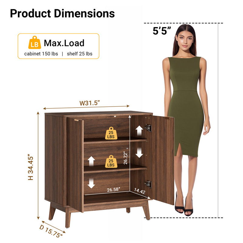 Buffet 31,5 po Seyla avec pieds en bois massif et 2 tablettes réglables, porte cannelée double incurvée, Noyer