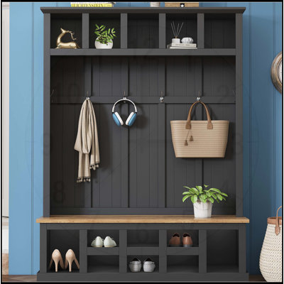 Portemanteau moderne en bois de style campagnard H 78 po avec banc de rangement large, armoire à chaussures d'entrée avec 13 compartiments, portemanteau élégant avec 6 crochets pour le vestibule et le salon