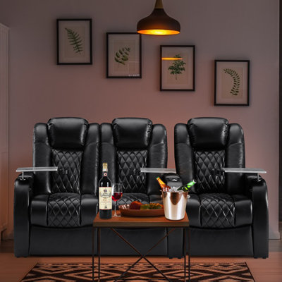 Upholstered Power Reclining Home Theater Seating with Cup Holder