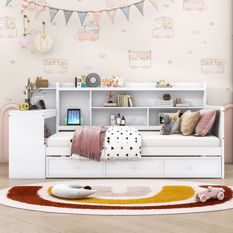 Assante Daybed with Integrated Desk and Built-in Storage Drawers, Twin, White