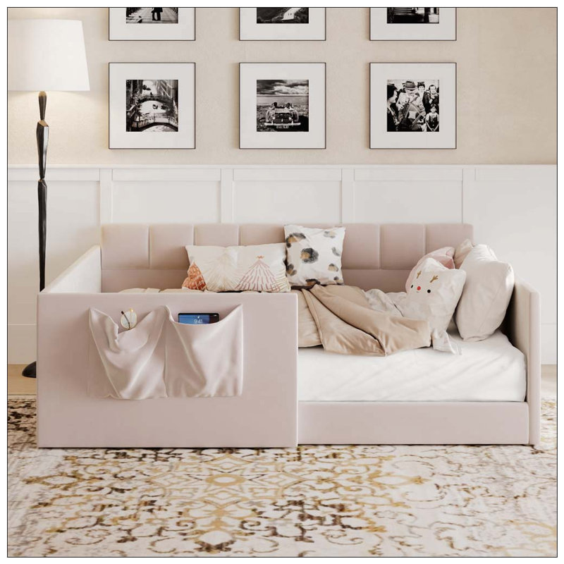 Daybed Velvet Upholstered Sofa Bed with High Side Panels and Side Entrance, Space-Saving Guest Bed with Storage Pockets, Full