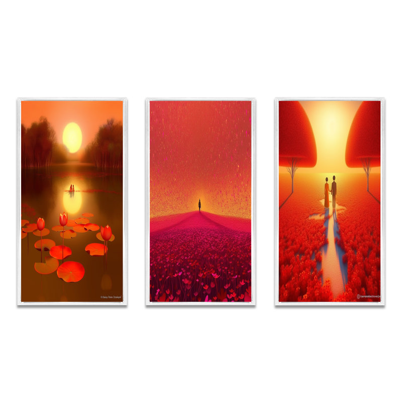 «Asian Lotus Pond Serenity Full Moon Reflections», 3 pièces sur toile, Cadre blanc, H 36 po x l 20 po