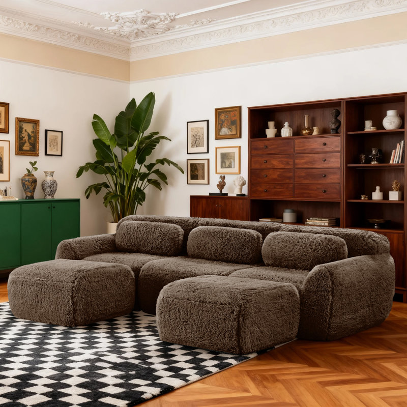 Canapé modulaire en U en forme de U avec deux repose-pieds et coussins de taille, Fausse fourrure chocolat
