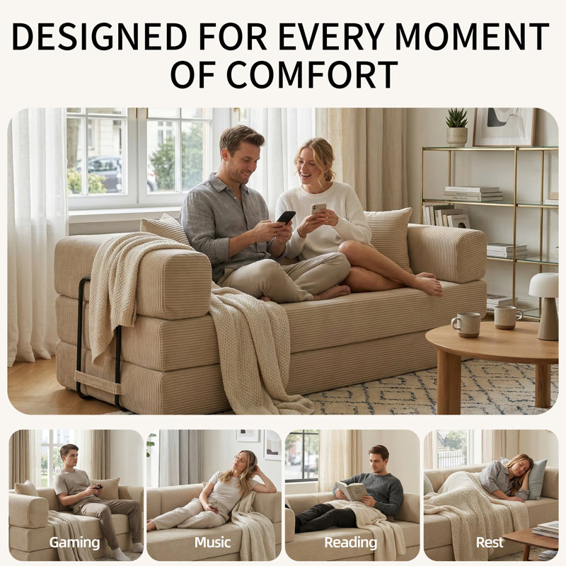 Boneless 5-in-1 Convertiable Sofa Bed, 76.4" Wide Boneless Couch with Removable L-Shaped Armrests, King Size Floor Sleeper for Small Space Apartment, Living Room and Bedroom