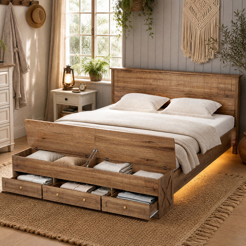 Structure de lit moderne en bois avec rangement et bande lumineuse à DEL, lit plateforme avec tête de lit, lattes renforcées et pieds centraux, sans sommier
