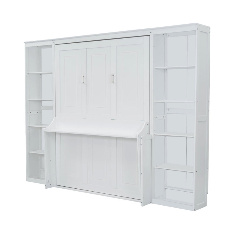 Grand lit blanc avec bureau et bibliothèque en bois de pin robuste Économisez de l'espace dans la chambre à coucher. Pas de boîte à ressorts. Rangement abondant. Grand lit pliable pour la conservation de l'espace, économie passionnée