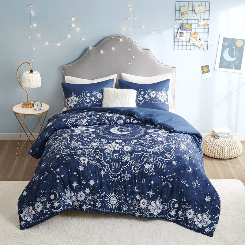 Édredon pour lit simple / simple TG - imprimé médaillon céleste, bleu marine, coussin carré