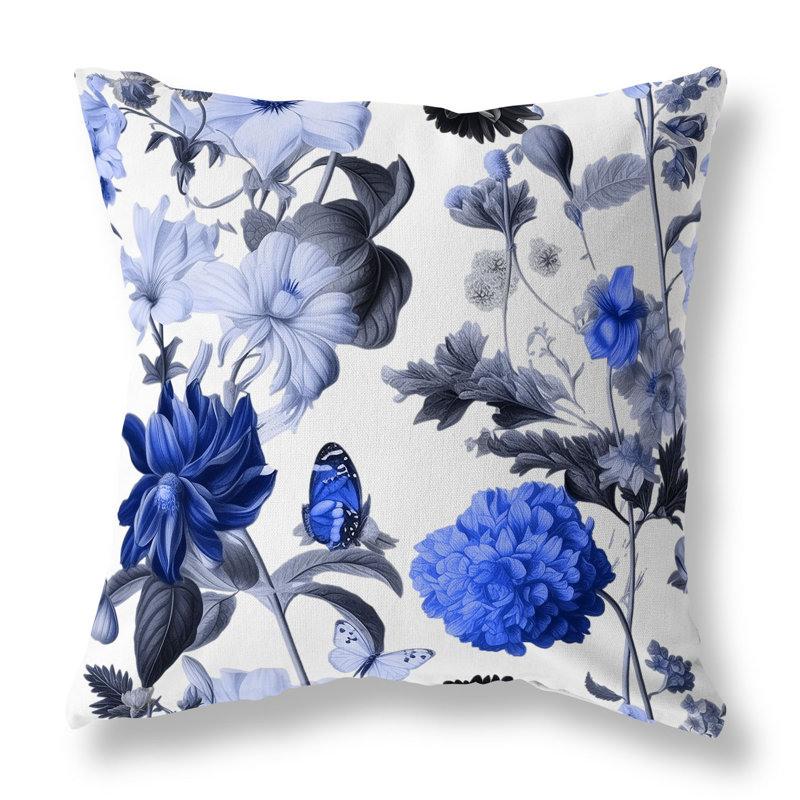 Mixed Flower Delight Broadcloth Throw Pillow, 16"H x 16"W, Blue/White Floral