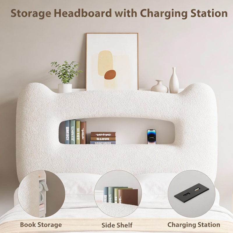 Cadres de lit à DEL, avec tête de rangement et station de charge, Beige, Lit simple
