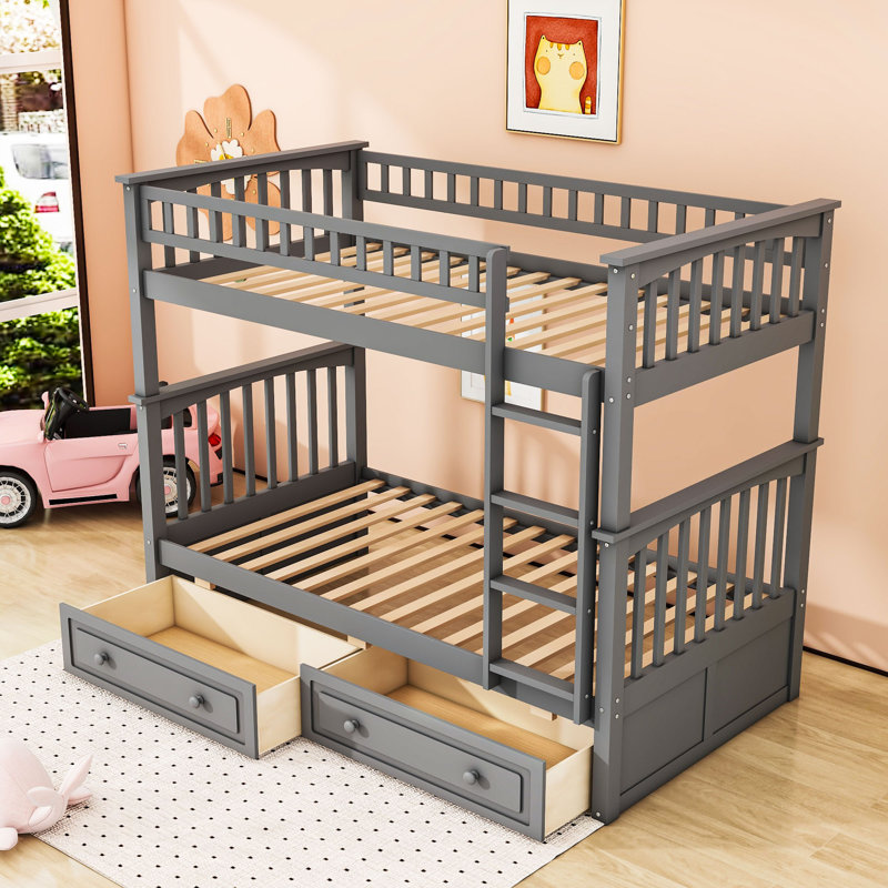 Dilshana Twin Over Twin Bunk Bed with Built-In Ladder, Gray