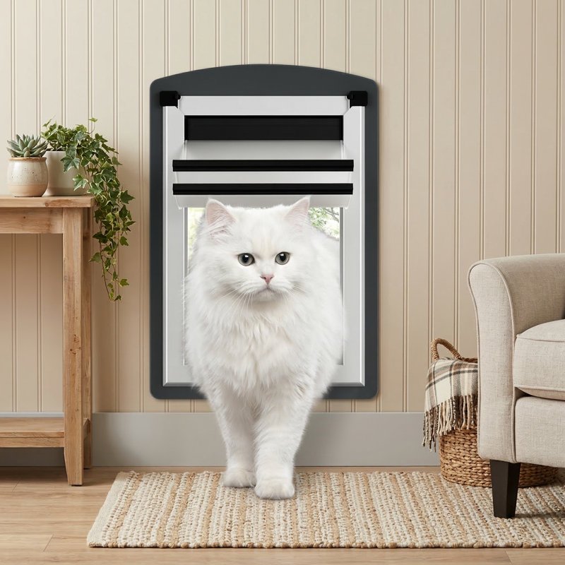 Porte pour chat murale, cadre en acier, tunnel extensible, deux volets magnétiques, 2 panneaux de verrouillage de sécurité, compact, gris