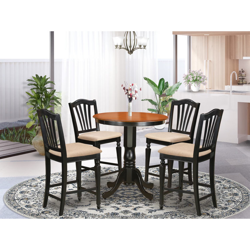 Ensemble de table de salle à manger 5 pièces à hauteur de comptoir comprenant une table de cuisine ronde avec piédestal et 4 chaises de salle à manger en tissu de lin, noir et cerise