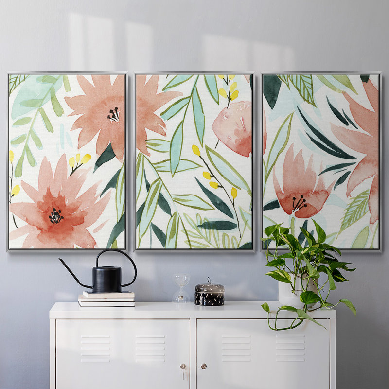 Tropical Drift III - Toile encadrée multi-pièces, Argenté, H 24 po x l 48 po x P 2 po