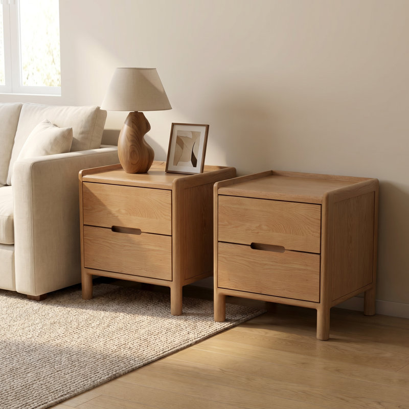 15.75"W MCM Solid Oak Wood Nightstand with 2 Drawers-Set of 2, Set of 2, Natural Oak
