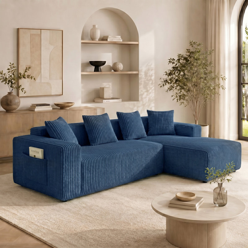 Modern Oversized 262cm Boneless Corner Sofa L-Shaped Corduroy Sofa With Storage Pockets, Blue, Right Hand Facing