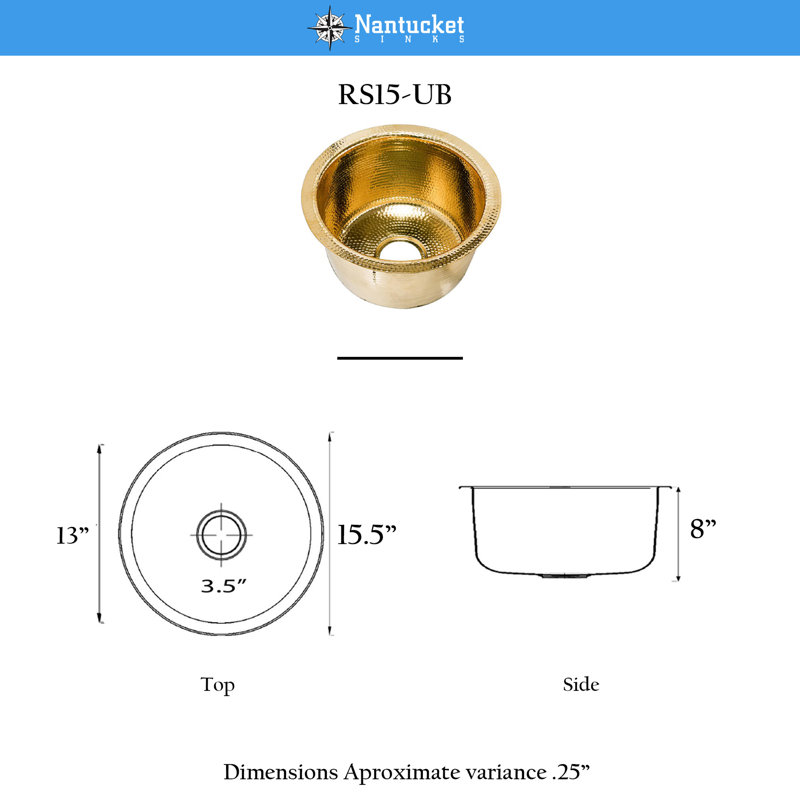 Brightwork 15-Inch Hand Hammered Round Stainless Steel Bar Sink, Polished Brass